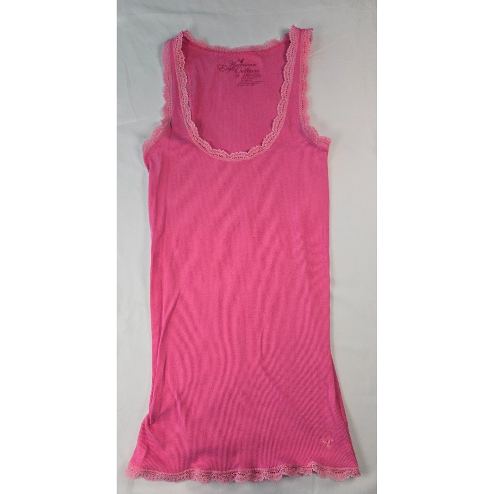American Eagle Pink Lace Trim Ribbed Tank Top Sz S Y2K Coquette Stretch Cami